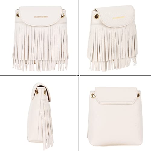 Hoce Women PU Leather Mini Hobo Fringe Tassel Crossbody Bag Vintage Tassel Shoulder Bag, White