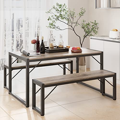 Gizoon 45.5" Dining Table Set for 4, Kitchen Dining Table with 2 Benches, Dining Room Table Set with Metal Frame & MDF Board, Space-Saving Dinette for Kitchen, Dining Room -Grey