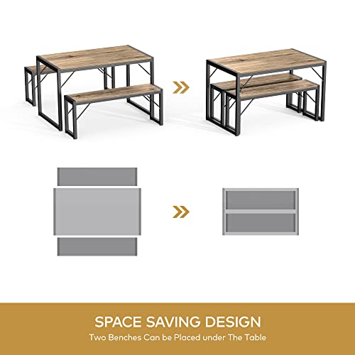 Gizoon 45.5" Dining Table Set for 4, Kitchen Dining Table with 2 Benches, Dining Room Table Set with Metal Frame & MDF Board, Space-Saving Dinette for Kitchen, Dining Room -Grey