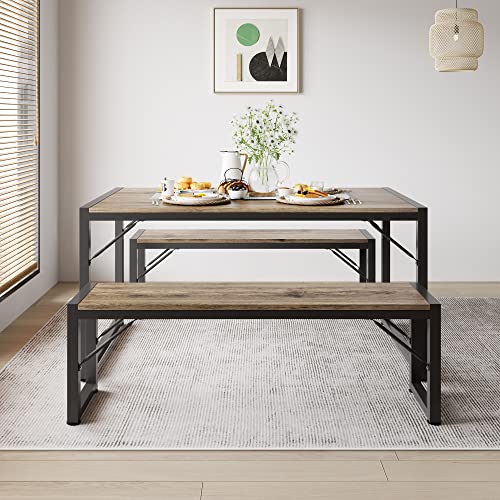 Gizoon 45.5" Dining Table Set for 4, Kitchen Dining Table with 2 Benches, Dining Room Table Set with Metal Frame & MDF Board, Space-Saving Dinette for Kitchen, Dining Room -Grey