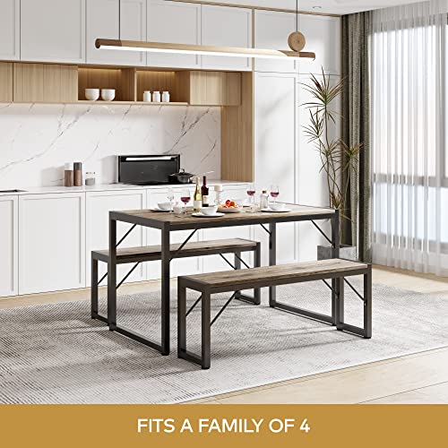 Gizoon 45.5" Dining Table Set for 4, Kitchen Dining Table with 2 Benches, Dining Room Table Set with Metal Frame & MDF Board, Space-Saving Dinette for Kitchen, Dining Room -Grey