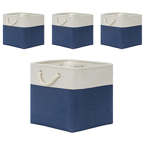 Temary Storage Baskets for Shelves 13x13 Baskets for Gifts Empty, 4 Pack Shelf Baskets Large Storage Baskets Cube Storage Bins Fabric Storage Cubes with Handles for Shelves (White&Blue)