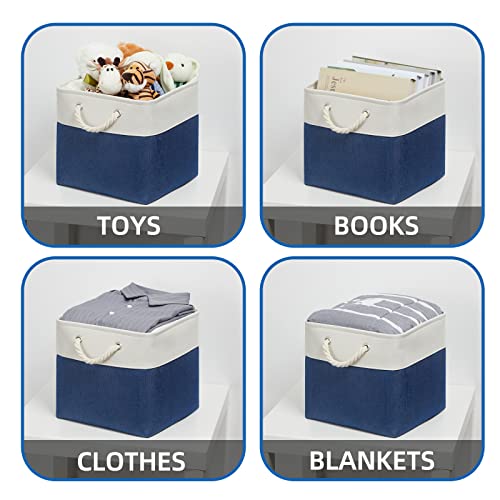 Temary Storage Baskets for Shelves 13x13 Baskets for Gifts Empty, 4 Pack Shelf Baskets Large Storage Baskets Cube Storage Bins Fabric Storage Cubes with Handles for Shelves (White&Blue)