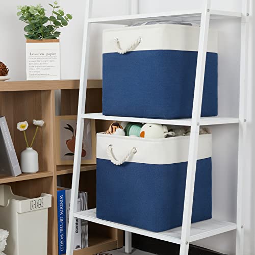 Temary Storage Baskets for Shelves 13x13 Baskets for Gifts Empty, 4 Pack Shelf Baskets Large Storage Baskets Cube Storage Bins Fabric Storage Cubes with Handles for Shelves (White&Blue)