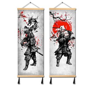 mboufoey 2 pieces vintage style ancient japan warrior dragon and fuji mountain canvas samurai wall art print poster black and white artwork ready to hang home decorations 12″x32″x2pcs