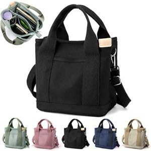 japanese canvas tote bag – large capacity multi-pocket handbag crossbody bag, with adjustable shoulder strap (black)