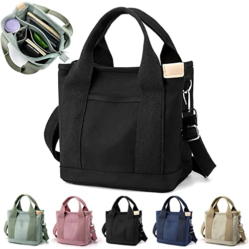 Japanese Canvas Tote Bag - Large Capacity Multi-pocket Handbag Crossbody Bag, with Adjustable Shoulder Strap (Black)