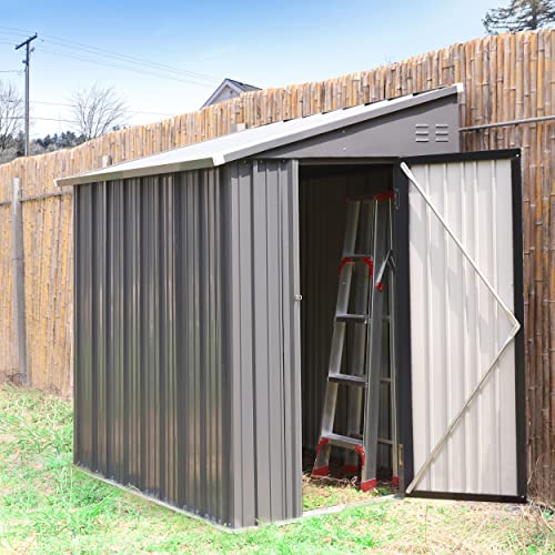 VEIKOU 4' x 6' Outdoor Storage Shed, Lean-to Shed Kit with Thickened Galvanized Steel, Small Metal Shed with Lockable Door, Patio Garden Tools Shed Utility Bike Storage w/Air Vents, Grey & Black