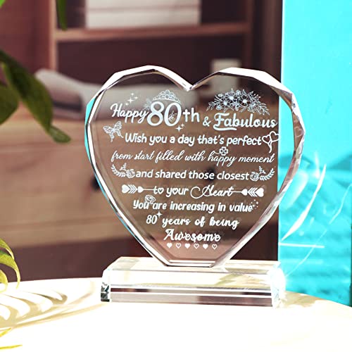 80th Birthday Gifts for Women Mom, Happy 80 Years Old Gifts Ideas for Female Grandma, Glass Love Heart Engraved Keepsake Presents for Her Wife