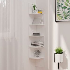 vantook wall mount floating corner shelf, 5-tier radial wall shelves, easy to install tiered wall storage organizer for bedrooms, bathrooms, kitchen, offices and living rooms – high gloss white