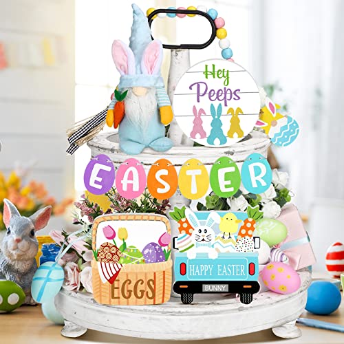 Bucherry 15 Pieces Easter Tiered Tray Decor Easter Decor Farmhouse Easter Decorations Rustic Bunny Rabbits Eggs Wooden Spring Sign for Home Table Kitchen