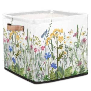 storage basket dragonfly spring flower butterfly plant collapsible storage bin with handles large canvas storage cubes toy basket for shelves closet nursery cabinet living room organizer 13x13x13″