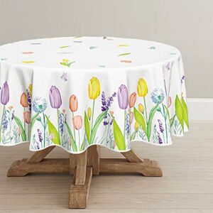horaldaily spring summer tablecloth 70×70 inch round, easter watercolor wild flowers tulip lavender blooming floral table cover for party picnic dinner decor