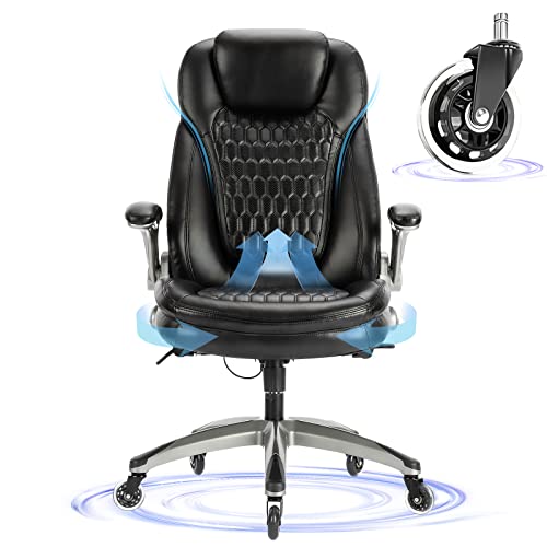 COLAMY Executive Home Office Chair-High Back Ergonomic Computer Chair with Padded Flip-up Arms, Adjustable Height and Tilt Lock, Thicken Seat Cushion Soft Leather Swivel Chair for Working Study