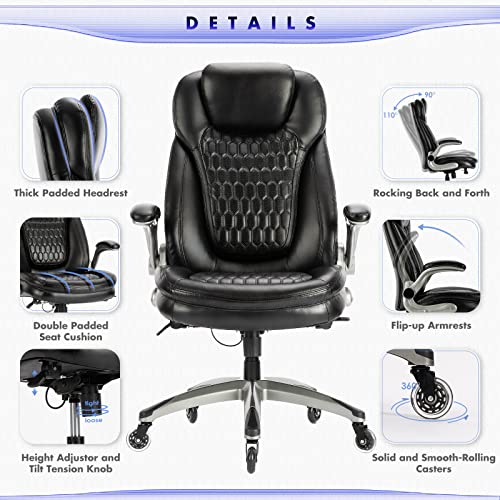 COLAMY Executive Home Office Chair-High Back Ergonomic Computer Chair with Padded Flip-up Arms, Adjustable Height and Tilt Lock, Thicken Seat Cushion Soft Leather Swivel Chair for Working Study