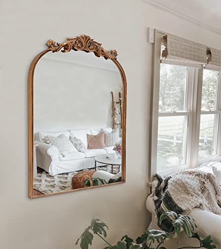 PAIHOME Gold Antique Mirror for Wall, 19x30 Inch Large Brass Arched Mirror Decorative Vintage Bathroom Mirrors, Ornate Entryway Baroque Mirror, Metal Frame, Hangs Vertically or Leaning