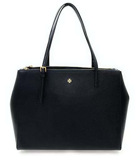 Tory Burch Women's Emerson Double Zip Tote Saffiano Leather With Gold Tone Hardware (Black Gold)