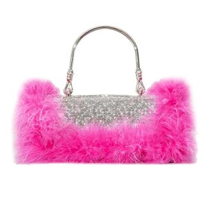 feather silver purse rhinestone bag clutch evening bags diamond glitter purses for women sparkly bling handbag wedding (hot pink)