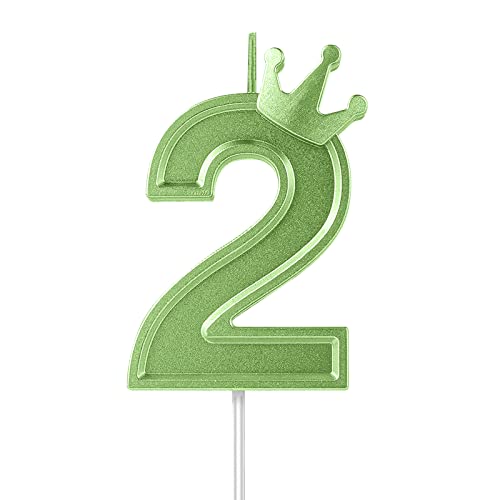 3inch Birthday Number Candle, 3D Candle Cake Topper with Crown Cake Numeral Candles Number Candles for Birthday Anniversary Parties (Green, 2)