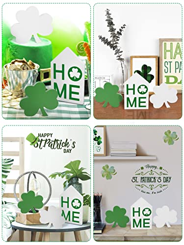 St. Patrick's Day Table Signs- St Patricks Day Wooden Lucky Decor in 3 Style, Green & White Shamrocks, House Shape Irish Wood Centerpiece Decorations for Desk Fireplace Home Office Ornaments