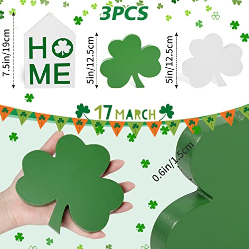 St. Patrick's Day Table Signs- St Patricks Day Wooden Lucky Decor in 3 Style, Green & White Shamrocks, House Shape Irish Wood Centerpiece Decorations for Desk Fireplace Home Office Ornaments