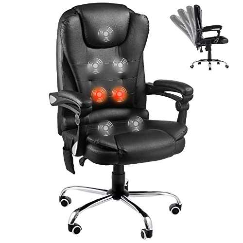 YODOLLA Ergonomic Reclining Office Chair, Heat & Massage High Back Desk Chair w/Adjustable Height, Executive Swivel Leather Chair for Office, Home, Study, Black