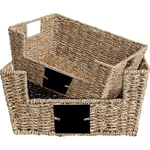 outbros storage box hand-woven wicker storage baskets, multipurpose open-front bin with handles, shelf nesting baskets, desktop makeup organizer container with built-in carry handles, seagrass