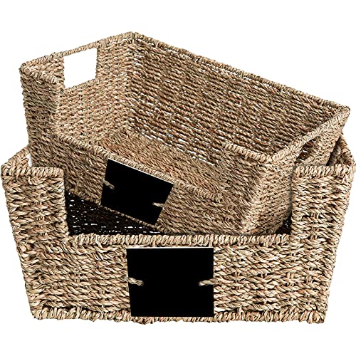 OUTBROS Storage Box Hand-Woven Wicker Storage Baskets, Multipurpose Open-Front Bin with Handles, Shelf Nesting Baskets, Desktop Makeup Organizer Container with Built-In Carry Handles, Seagrass