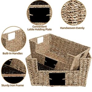 OUTBROS Storage Box Hand-Woven Wicker Storage Baskets, Multipurpose Open-Front Bin with Handles, Shelf Nesting Baskets, Desktop Makeup Organizer Container with Built-In Carry Handles, Seagrass