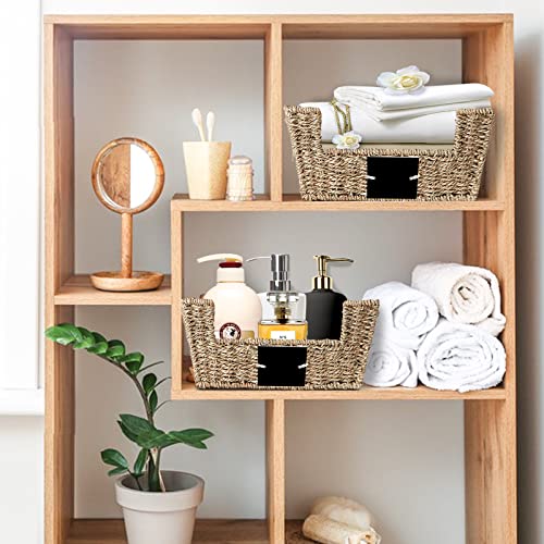 OUTBROS Storage Box Hand-Woven Wicker Storage Baskets, Multipurpose Open-Front Bin with Handles, Shelf Nesting Baskets, Desktop Makeup Organizer Container with Built-In Carry Handles, Seagrass