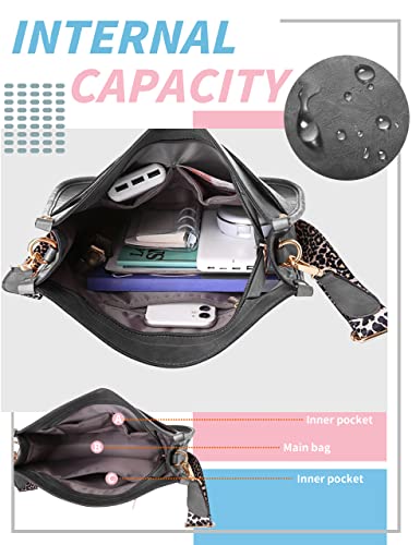 Crossbody Bags Purses Women Vegan Leather Leopard Guitar Strap Shoulder Bucket Handbags Designer Top Zipped Pockets Hobo Bags Gray