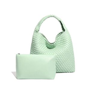 leather weave purses for women fashion shoulder hobo bags woven tote handbag top handle bucket bags (light green)
