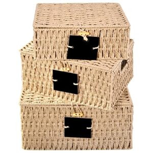 outbros storage box hand-woven wicker storage baskets with lid, multipurpose stackable storage bin, shelf nesting baskets, desktop makeup organizer container with built-in carry handles, natural