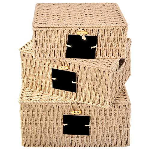 OUTBROS Storage Box Hand-Woven Wicker Storage Baskets with Lid, Multipurpose Stackable Storage Bin, Shelf Nesting Baskets, Desktop Makeup Organizer Container with Built-In Carry Handles, Natural