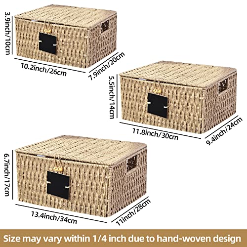OUTBROS Storage Box Hand-Woven Wicker Storage Baskets with Lid, Multipurpose Stackable Storage Bin, Shelf Nesting Baskets, Desktop Makeup Organizer Container with Built-In Carry Handles, Natural