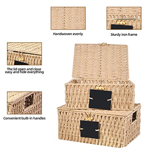 OUTBROS Storage Box Hand-Woven Wicker Storage Baskets with Lid, Multipurpose Stackable Storage Bin, Shelf Nesting Baskets, Desktop Makeup Organizer Container with Built-In Carry Handles, Natural