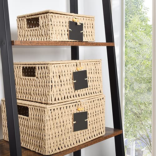 OUTBROS Storage Box Hand-Woven Wicker Storage Baskets with Lid, Multipurpose Stackable Storage Bin, Shelf Nesting Baskets, Desktop Makeup Organizer Container with Built-In Carry Handles, Natural