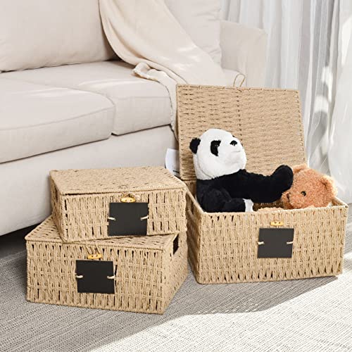 OUTBROS Storage Box Hand-Woven Wicker Storage Baskets with Lid, Multipurpose Stackable Storage Bin, Shelf Nesting Baskets, Desktop Makeup Organizer Container with Built-In Carry Handles, Natural