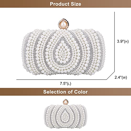 UONIFANS Womens Evening Bags Artificial Pearl Clutch Purse Shiny Rhinestones Handbag for Wedding Party Prom Women Bag (White)