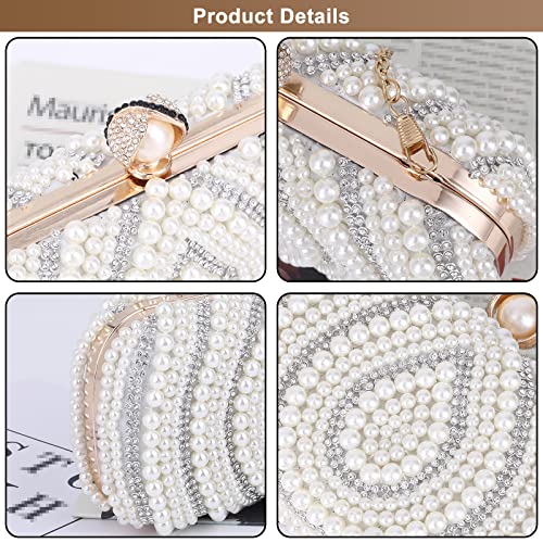 UONIFANS Womens Evening Bags Artificial Pearl Clutch Purse Shiny Rhinestones Handbag for Wedding Party Prom Women Bag (White)