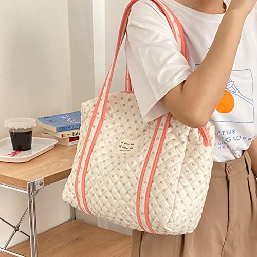 Quilted Cotton Tote Bag Coquette Aesthetic Shoulder Bag Floral Handbag Satchel Purse Cute Kawaii Aesthetic School Bag Work Weekender Bag