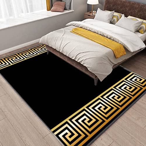 Geometric Greek Gold Pattern Area Rugs, Black Yellow Geometric Easy Clean Rug, Soft Non-Skid Carpet Throw Rug for Kids Teen Girls Boys Bedroom, Living Room Bathroom,Classroom Office 3ftx5ft