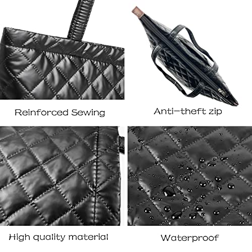 MYHOZEE Tote Bag for Women Black - PU Leather Shoulder Bag Quilted Top Handle Handbags Purse with External Pocket