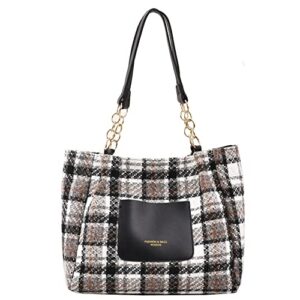 rtggsel plaid striped woolen cloth shoulder handbags for women tote purse ladies designer satchel hobo bag with chain strap gift (grey)