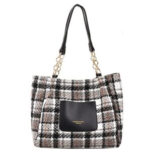 RTGGSEL Plaid Striped Woolen Cloth Shoulder Handbags for Women Tote Purse Ladies Designer Satchel Hobo Bag with Chain Strap Gift (Grey)