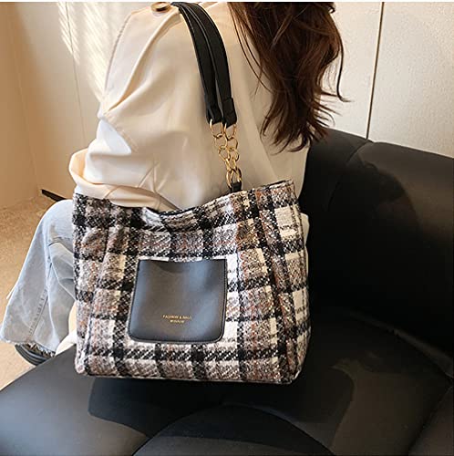 RTGGSEL Plaid Striped Woolen Cloth Shoulder Handbags for Women Tote Purse Ladies Designer Satchel Hobo Bag with Chain Strap Gift (Grey)