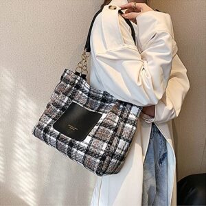 RTGGSEL Plaid Striped Woolen Cloth Shoulder Handbags for Women Tote Purse Ladies Designer Satchel Hobo Bag with Chain Strap Gift (Grey)