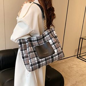 RTGGSEL Plaid Striped Woolen Cloth Shoulder Handbags for Women Tote Purse Ladies Designer Satchel Hobo Bag with Chain Strap Gift (Grey)