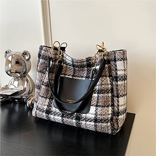 RTGGSEL Plaid Striped Woolen Cloth Shoulder Handbags for Women Tote Purse Ladies Designer Satchel Hobo Bag with Chain Strap Gift (Grey)