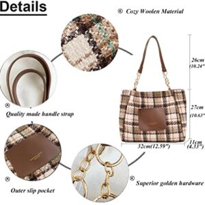 RTGGSEL Plaid Striped Woolen Cloth Shoulder Handbags for Women Tote Purse Ladies Designer Satchel Hobo Bag with Chain Strap Gift (Grey)